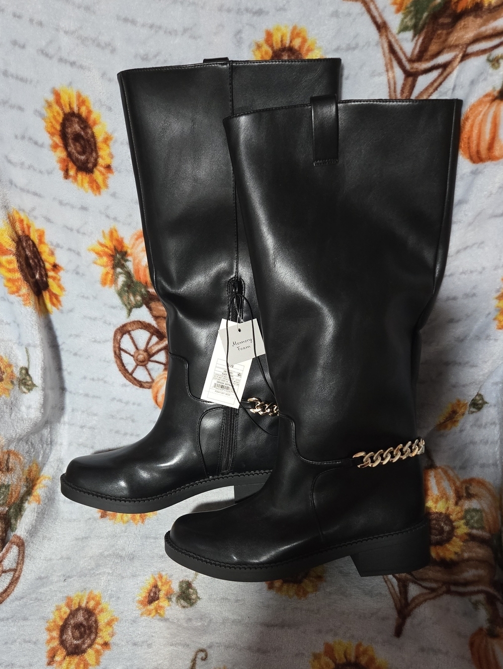 a new day Black Mid-Calf Heeled Boots with Gold Chain